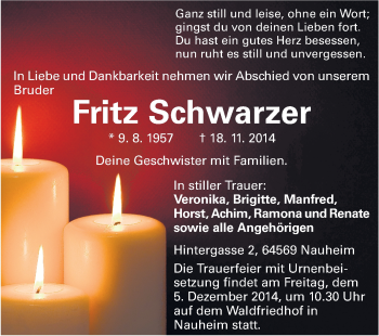 Traueranzeige von Fritz Schwarzer von Rüsselsheimer Echo, Groß-Gerauer-Echo, Ried Echo