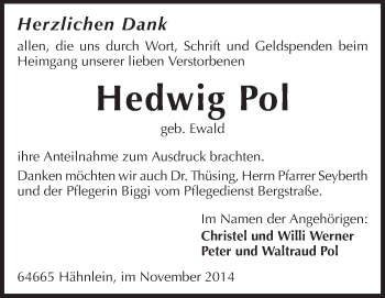 Traueranzeige von Hedwig Pol von Echo-Zeitungen (Gesamtausgabe)