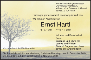 Traueranzeige von Ernst Hartl von Rüsselsheimer Echo, Groß-Gerauer-Echo, Ried Echo
