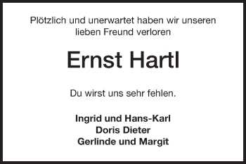 Traueranzeige von Ernst Hartl von Rüsselsheimer Echo, Groß-Gerauer-Echo, Ried Echo