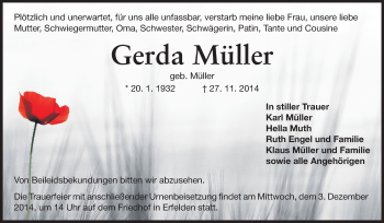 Traueranzeige von Gerda Müller von Echo-Zeitungen (Gesamtausgabe)