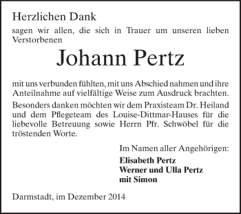 Traueranzeige von Johann Pertz von Echo-Zeitungen (Gesamtausgabe)