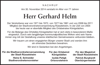 Traueranzeige von Gerhard Helm von Rüsselsheimer Echo, Groß-Gerauer-Echo, Ried Echo