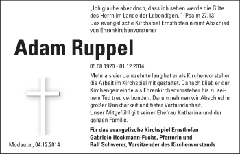Traueranzeige von Adam Ruppel von Echo-Zeitungen (Gesamtausgabe)