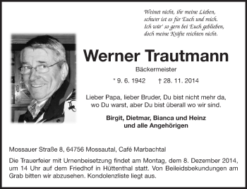 Traueranzeige von Werner Trautmann von Odenwälder Echo