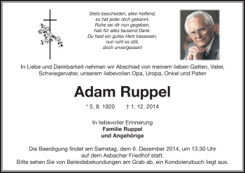 Traueranzeige von Adam Ruppel von Echo-Zeitungen (Gesamtausgabe)