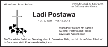 Traueranzeige von Ladi Postawa von Odenwälder Echo