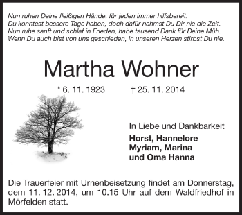 Traueranzeige von Martha Wohner von Rüsselsheimer Echo, Groß-Gerauer-Echo, Ried Echo