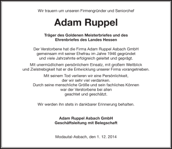 Traueranzeige von Adam Ruppel von Echo-Zeitungen (Gesamtausgabe)
