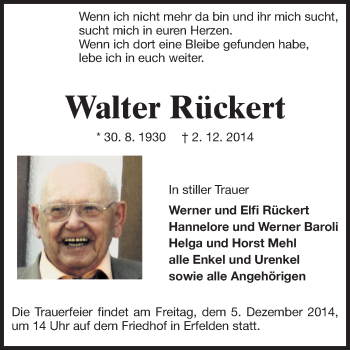 Traueranzeige von Walter Rückert von Rüsselsheimer Echo, Groß-Gerauer-Echo, Ried Echo