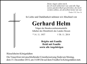 Traueranzeige von Gerhard Helm von Rüsselsheimer Echo, Groß-Gerauer-Echo, Ried Echo