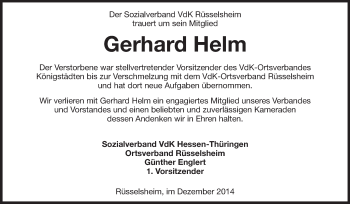 Traueranzeige von Gerhard Helm von Rüsselsheimer Echo, Groß-Gerauer-Echo, Ried Echo