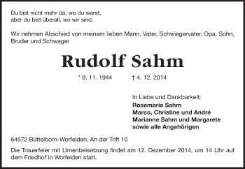 Traueranzeige von Rudolf Sahm von Rüsselsheimer Echo, Groß-Gerauer-Echo, Ried Echo