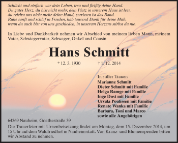 Traueranzeige von Hans Schmitt von Rüsselsheimer Echo, Groß-Gerauer-Echo, Ried Echo