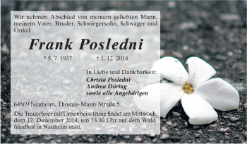 Traueranzeige von Frank Posledni von Rüsselsheimer Echo, Groß-Gerauer-Echo, Ried Echo