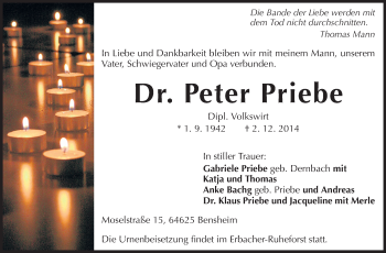 Traueranzeige von Peter Priebe von Starkenburger Echo, Bergsträßer Anzeiger