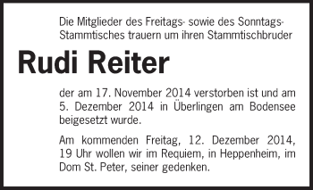 Traueranzeige von Rudi Reiter von Starkenburger Echo