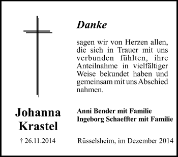 Traueranzeige von Johanna Krastel von Rüsselsheimer Echo, Groß-Gerauer-Echo, Ried Echo