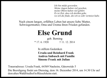 Traueranzeige von Else Grund von Rüsselsheimer Echo, Groß-Gerauer-Echo, Ried Echo