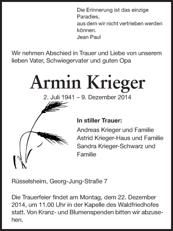 Traueranzeige von Armin Krieger von Rüsselsheimer Echo, Groß-Gerauer-Echo, Ried Echo