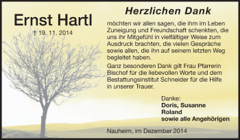 Traueranzeige von Ernst Hartl von Rüsselsheimer Echo, Groß-Gerauer-Echo, Ried Echo