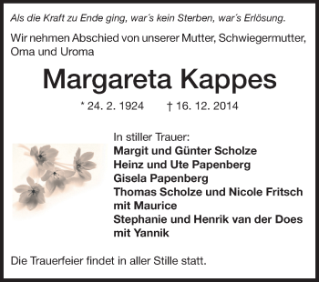 Traueranzeige von Margareta Kappes von Echo-Zeitungen (Gesamtausgabe)