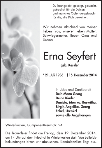 Traueranzeige von Erna Seyfert von Odenwälder Echo