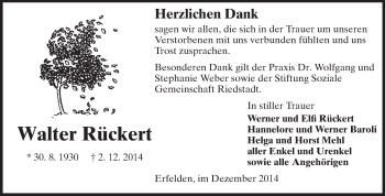 Traueranzeige von Walter Rückert von Rüsselsheimer Echo, Groß-Gerauer-Echo, Ried Echo
