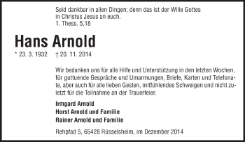 Traueranzeige von Hans Arnold von Rüsselsheimer Echo, Groß-Gerauer-Echo, Ried Echo