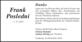 Traueranzeige von Frank Posledni von Rüsselsheimer Echo, Groß-Gerauer-Echo, Ried Echo