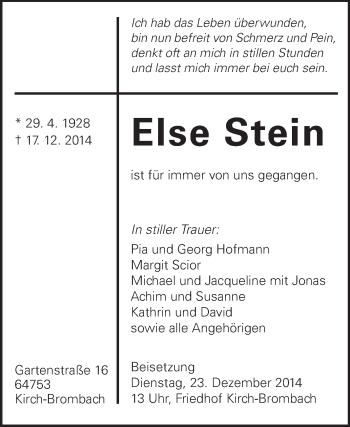 Traueranzeige von Else Stein von Odenwälder Echo