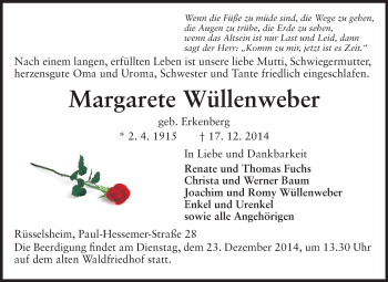 Traueranzeige von Margarete Wüllenweber von Rüsselsheimer Echo, Groß-Gerauer-Echo, Ried Echo