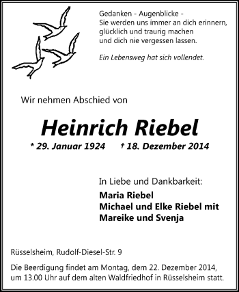 Traueranzeige von Heinrich Riebel von Rüsselsheimer Echo, Groß-Gerauer-Echo, Ried Echo