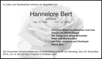 Traueranzeige von Hannelore Bert von Rüsselsheimer Echo, Groß-Gerauer-Echo, Ried Echo