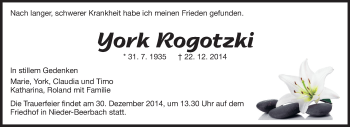 Traueranzeige von York Rogotzki von Echo-Zeitungen (Gesamtausgabe)