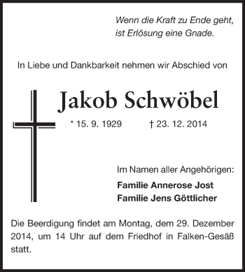 Traueranzeige von Jakob Schwöbel von Odenwälder Echo