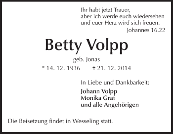 Traueranzeige von Betty Volpp von Echo-Zeitungen (Gesamtausgabe)