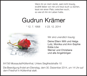 Traueranzeige von Gudrun Krämer von Odenwälder Echo