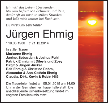 Traueranzeige von Jürgen Ehmig von Echo-Zeitungen (Gesamtausgabe)