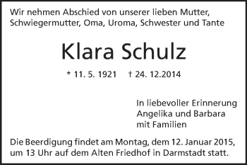 Traueranzeige von Klara Schulz von Echo-Zeitungen (Gesamtausgabe)