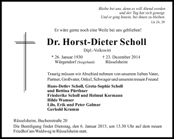 Traueranzeige von Horst-Dieter Scholl von Rüsselsheimer Echo, Groß-Gerauer-Echo, Ried Echo