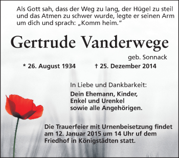 Traueranzeige von Gertrude Vanderwege von Rüsselsheimer Echo, Groß-Gerauer-Echo, Ried Echo