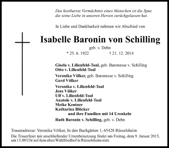 Traueranzeige von Isabelle Baronin von Schilling von Rüsselsheimer Echo, Groß-Gerauer-Echo, Ried Echo