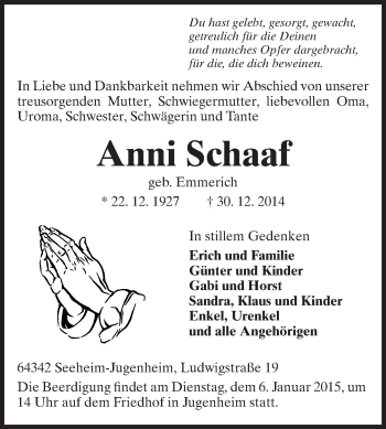 Traueranzeige von Anni Schaaf von Echo-Zeitungen (Gesamtausgabe)