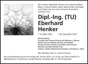 Traueranzeige von Eberhard Henker von Echo-Zeitungen (Gesamtausgabe)
