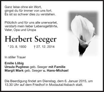 Traueranzeige von Herbert Seeger von Echo-Zeitungen (Gesamtausgabe)