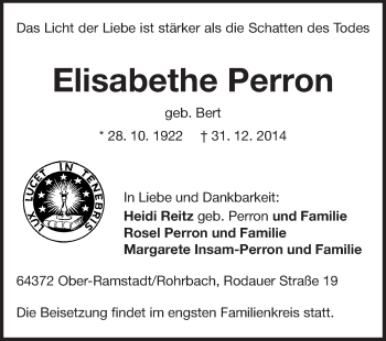 Traueranzeige von Elisabethe Perron von Echo-Zeitungen (Gesamtausgabe)