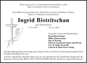Traueranzeige von Ingrid Bistritschan von Echo-Zeitungen (Gesamtausgabe)