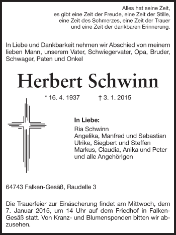 Traueranzeige von Herbert Schwinn von Odenwälder Echo