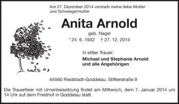 Traueranzeige von Anita Arnold von Rüsselsheimer Echo, Groß-Gerauer-Echo, Ried Echo